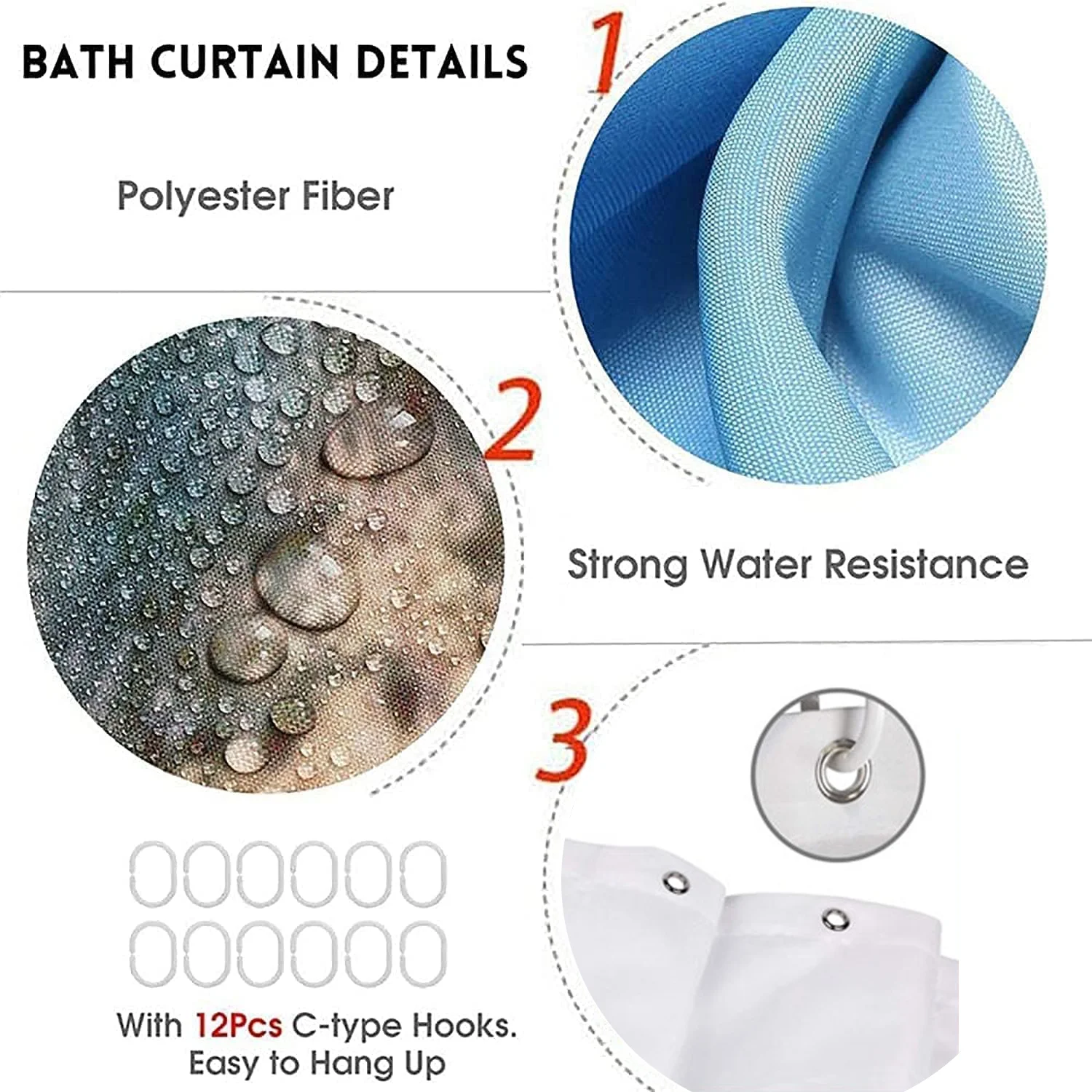 Shower curtain with sparkling diamond gradient print, waterproof trim, soft fabric, non-slip bathroom mat, 12 plastic hooks