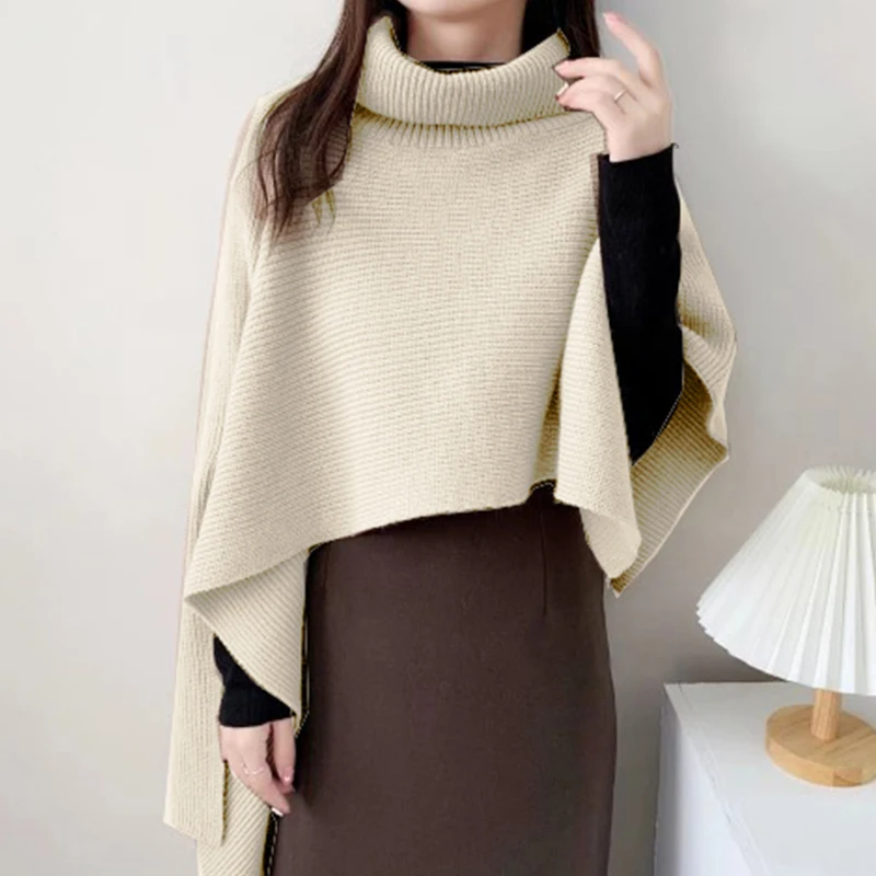 Winter New Irregular Vintage Turtleneck Knitted Cape Pullover Women Casual Knitwear Solid Basic Elegant Top Cloak Sweater