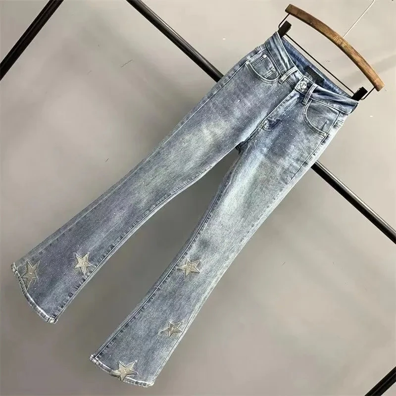 Women's High waisted Elastic Trumpet Pants 2025 Spring Autumn New Slim Five pointed star Embroidered Hot diamond Denim Pants