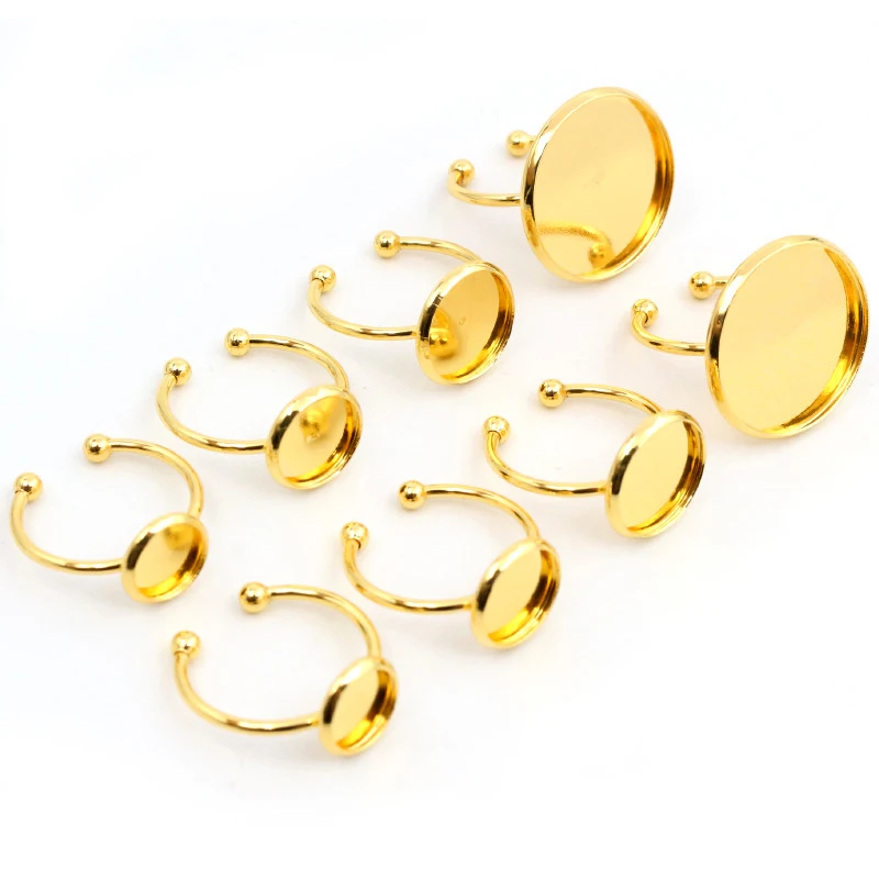 6 8 10 12 14 16 18 20mm Stainless Steel Gold Plated Adjustable Ring Settings Blank Base Fit 6-20mm Glass Cabochon Buttons Bezels