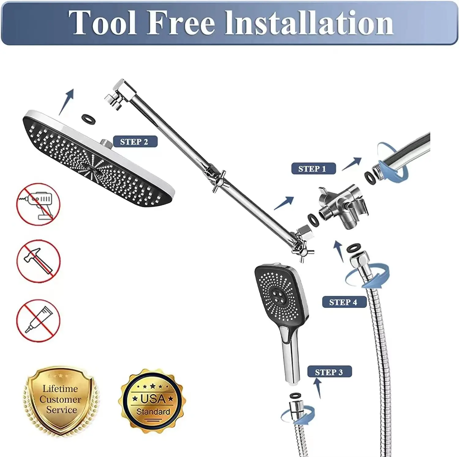 12 Inch Shower Head with Handheld High-Pressure Rain/Rainfall 3+1 Settings Spray 3-Way Diverter Extension Arm Adjustable Chrome