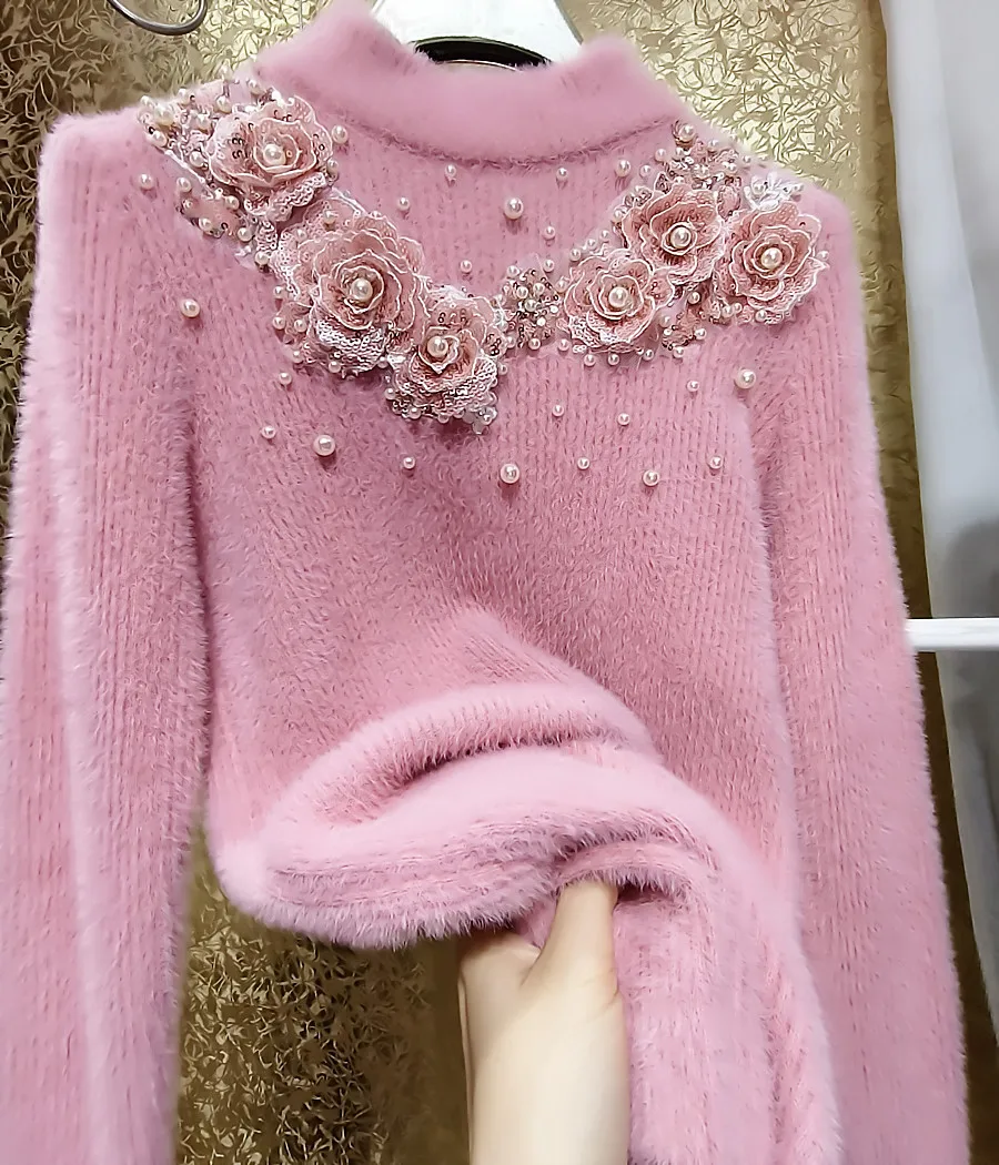 Heavy Industry 3D Florals Pearls Sequins Stitch Pink Mohair Sweater Mock Neck Thickened Faux Fur Beaded Pullovers Knitwear Tops