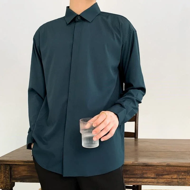 

Korean Fashion New Drape Shirts for Men Solid Color Long Sleeve Ice Silk Smart Casual Comfortable Button Up Shirt