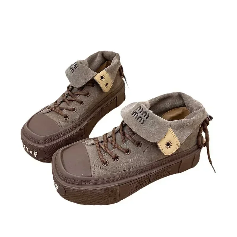 Women\'s Boots Matte Leather Lapel High Top Casual Shoes Letter Thick Sole Retro Lace Up Height Increasing Skateboard Shoes