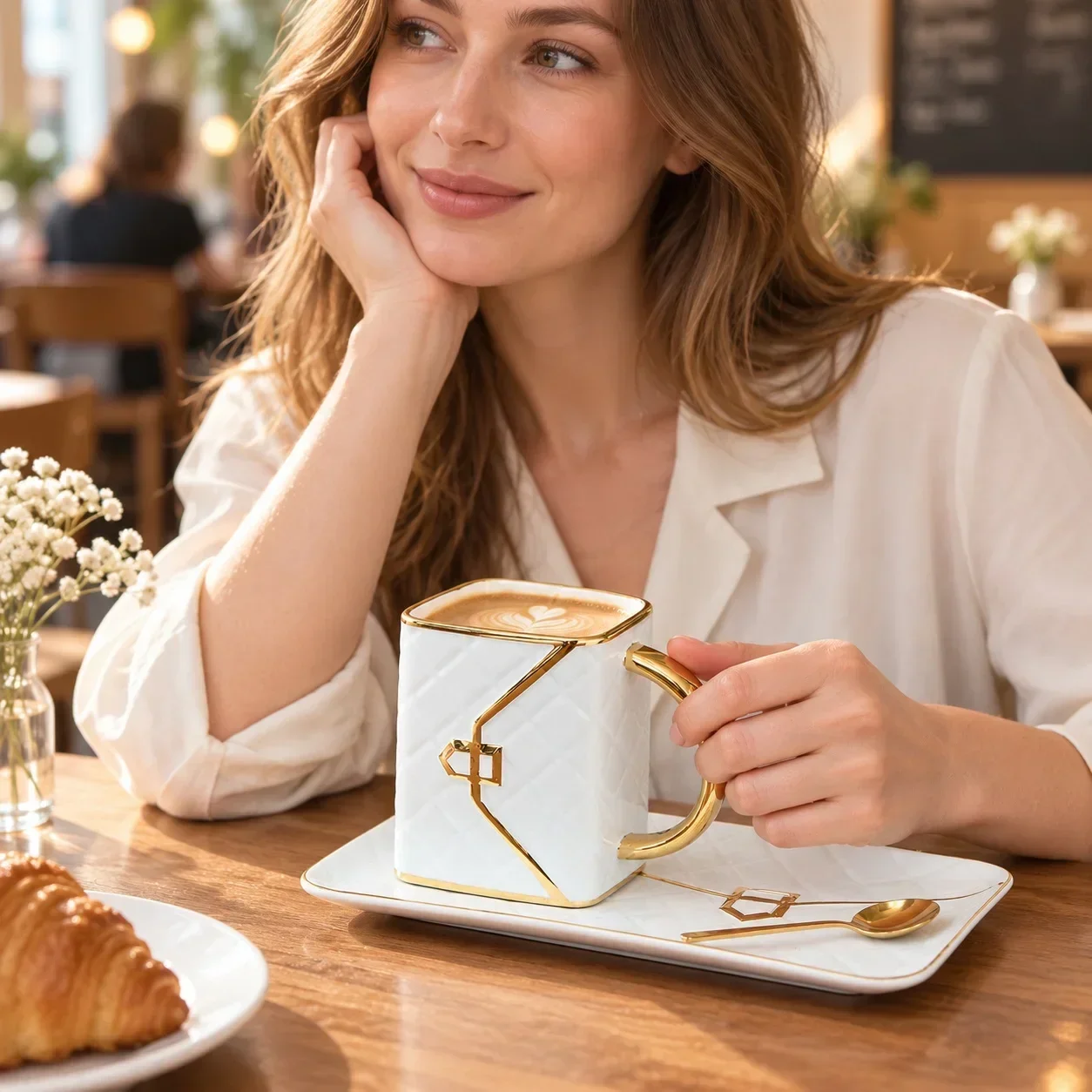 310ml White Handbag Shaped Ceramic Coffee Mug with Saucer and Spoon, Gold Color Handle for Tea Home and Office Drinkware Gift