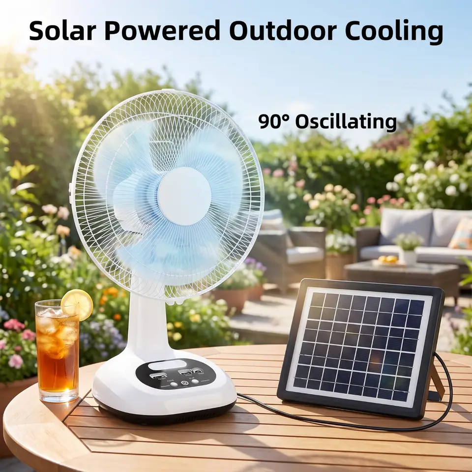 Solar Powered Desk Fan with LED Light and Power Bank, 4500mAh Battery