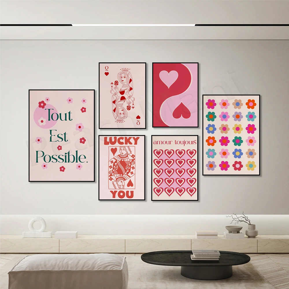 King and Queen of Hearts Print, Playing Card Art Print, Luck You Wall Art Poster, Beautiful Poster in Pink