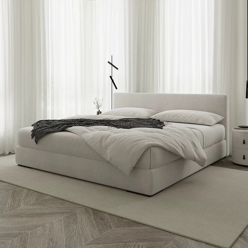 Cama moderna estilo creme design tecido de madeira maciça móveis de quarto luxo grande hotel cama macia de veludo