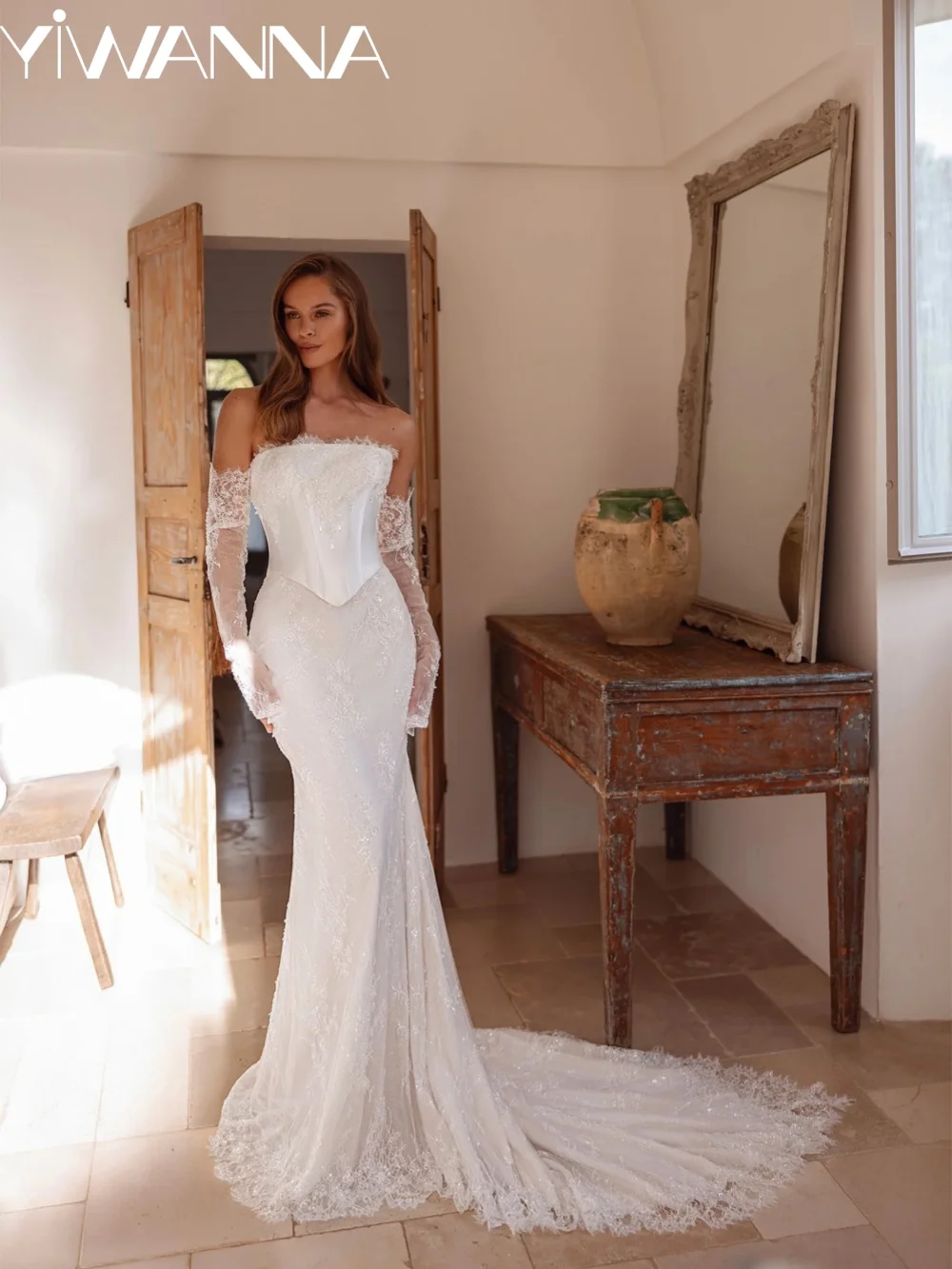 

Detachable Sleeve Shinny Lace Wedding Dress With Corset Memaid Long Bridal Gown Customized Dreamy Strapless Dresses For Bride