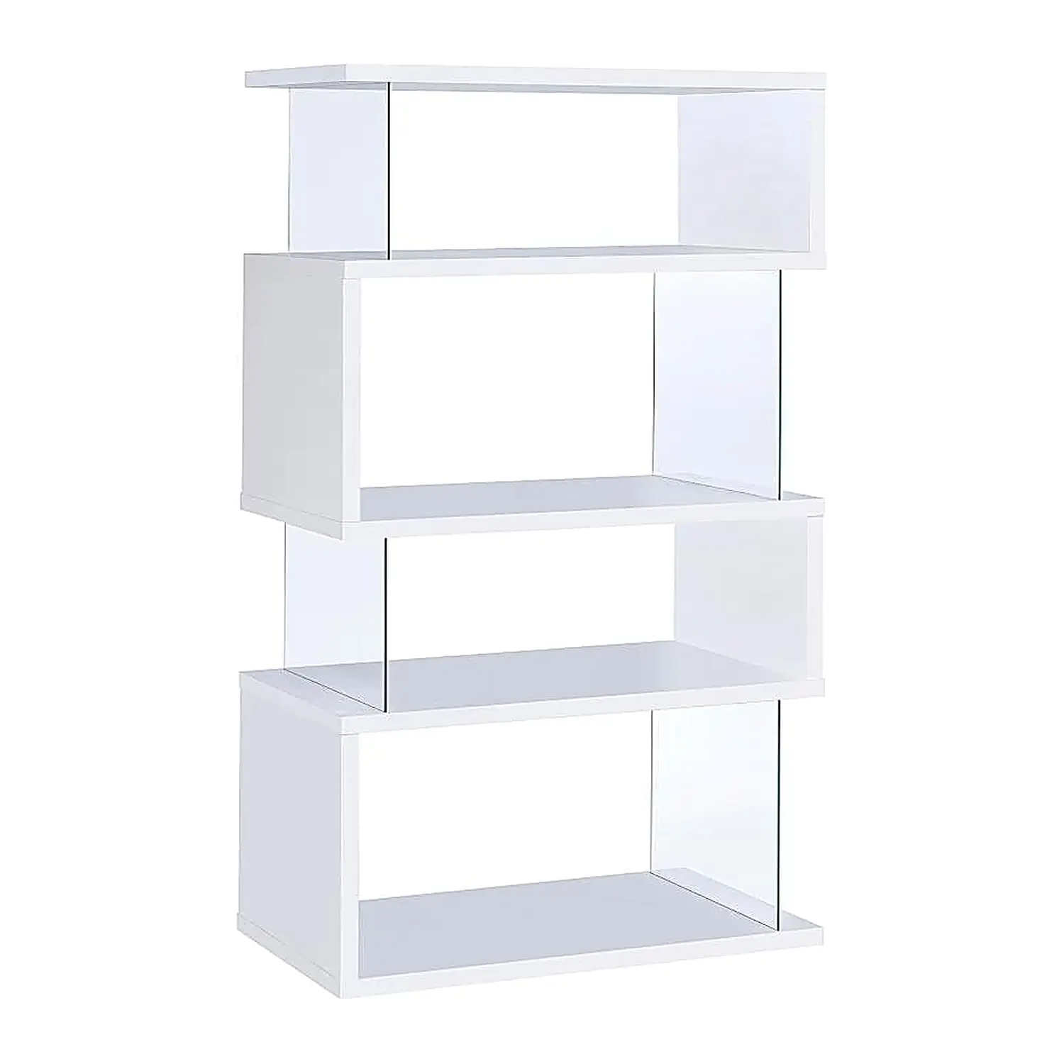 Modern 4-Tier Zigzag Bookshelf White Engineered Wood Glass Panels Geometric Display Case 35.5x63 Inch Storage Unit, Customized