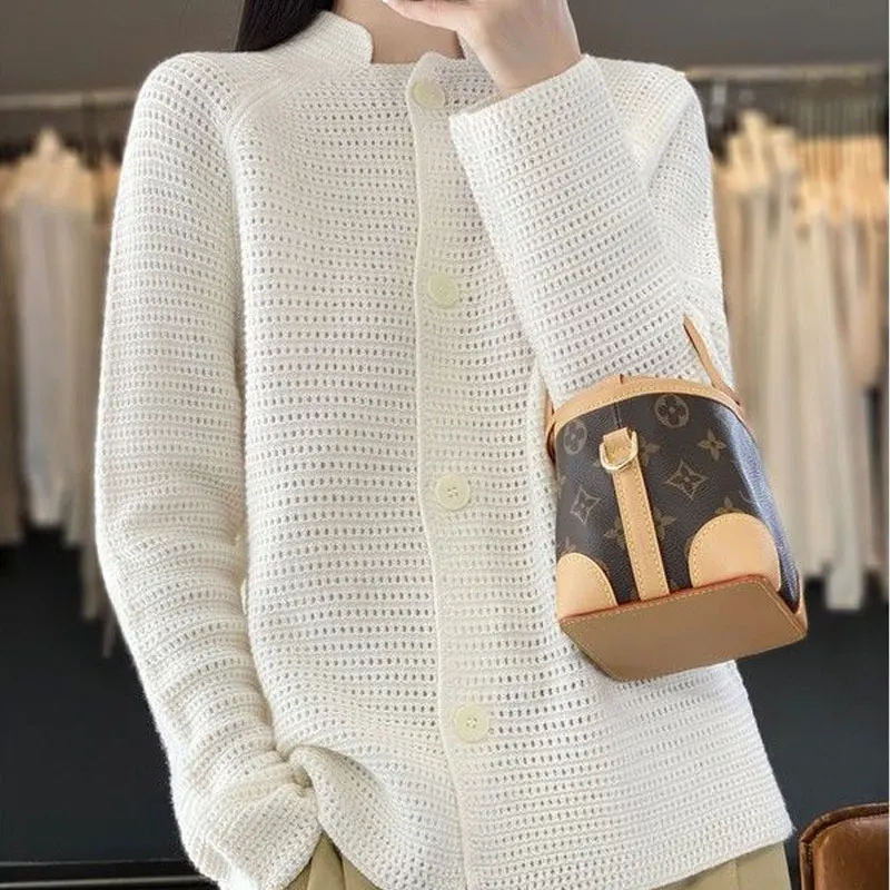 Female Clothing Stand Collar Cardigan Spring Autumn Casual Single-breasted Basic Solid Color Stylish Hollow Out Knitted Sweaters