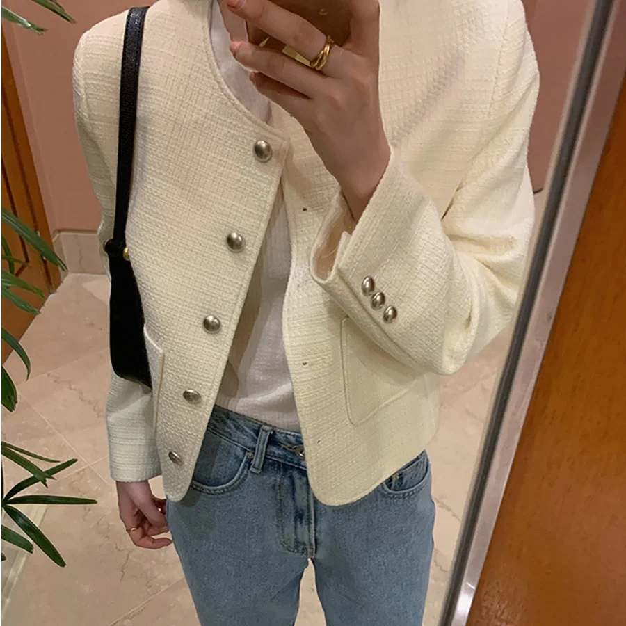 Elegant round Neck Short Jacket Metal Silver Buckle Retro Style Small Fragrance Style Women's Fashion Outerwear Polyester Fiber