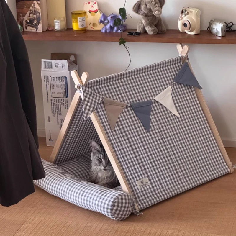

Полузакрытый домик-палатка для животных в клетку: дышащая летняя лежанка для кошек и собак, универсальная кровать для питомцев со съемным уютным домиком для использования в помещении