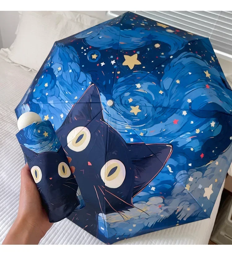 Blue Star Cat Umbrella Animal Cartoon Full Automatic Smart Sun Umbrella for Women Strong Sunshade Umbrella