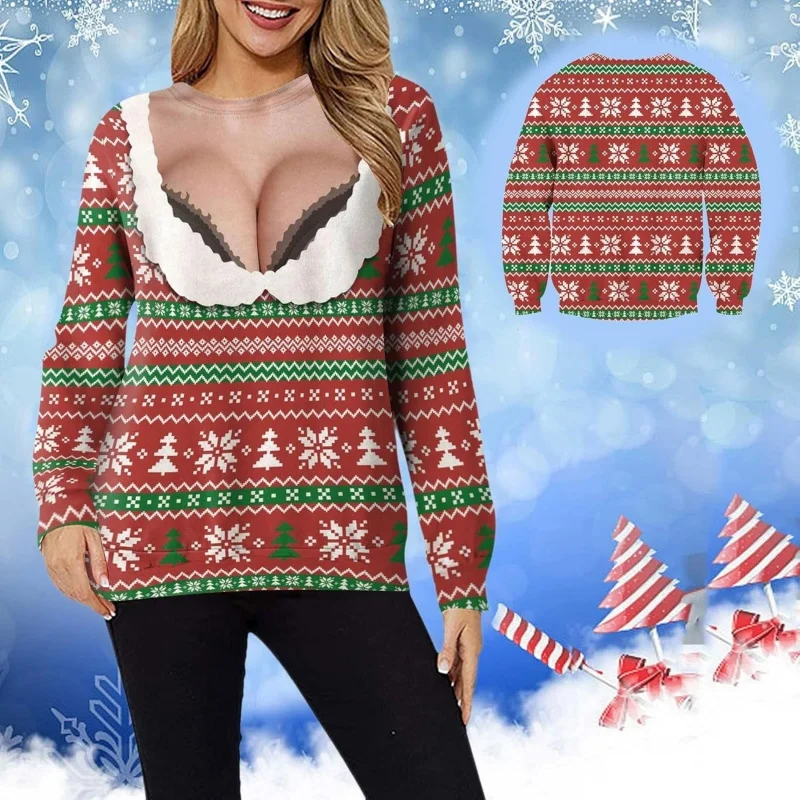 Funny 3D Fake Chest Print Ugly Christmas Sweater Unisex Long Sleeve Pullover Novelty Xmas Party Cosplay Sweatshirt Holiday Gift