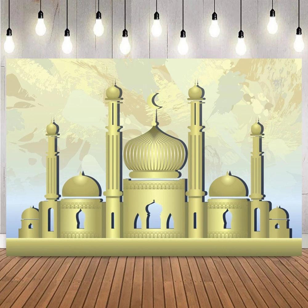Ramadan Kareem Themed Photo Backdrop Islamic Mosque Moon Lanterns Stars Clouds Photography Background Muslim Festival Eid Decor