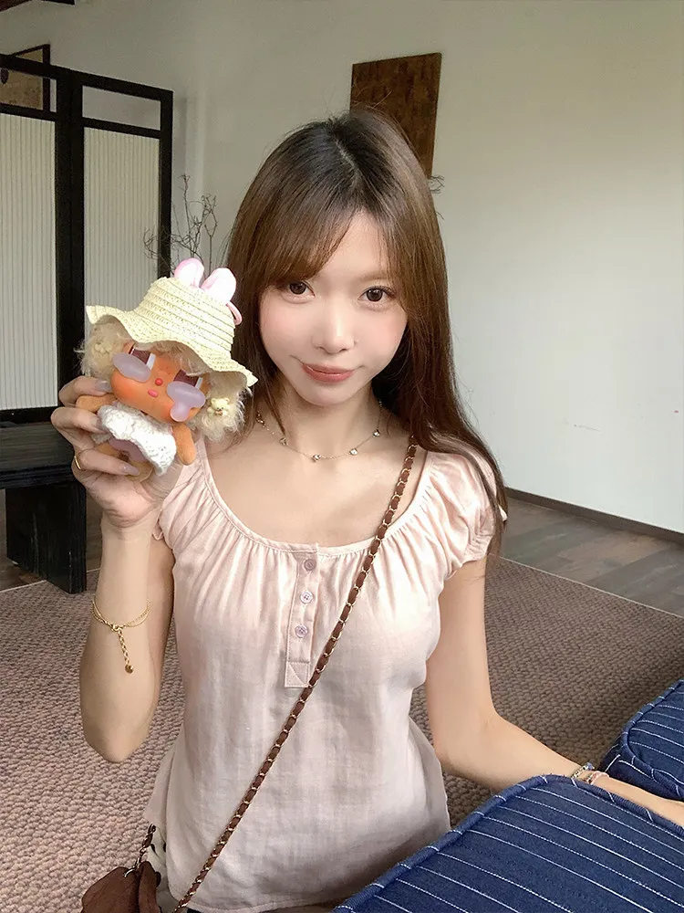 U-neck Short Bubble Sleeve T-Shirt Basic Summer Strap Waist Top Retro Women Pullover Tshirts Outerwears Clothing Vintage Tees