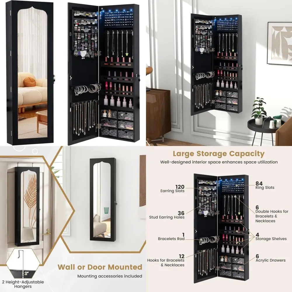 

Запираемый настенный шкаф для ювелирных изделий с зеркалом 47,5, 5 лампочками, 6 акриловыми ящиками, черный