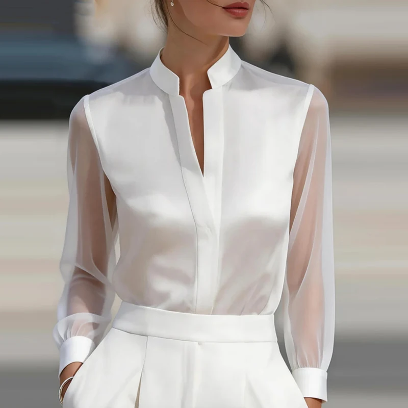 Nuevas camisas de malla transparentes a la moda para mujer, camisa de seda holgada con cuello en V, blusas de manga larga para mujer, blusas blancas, negras y rojas, tops de oficina.
