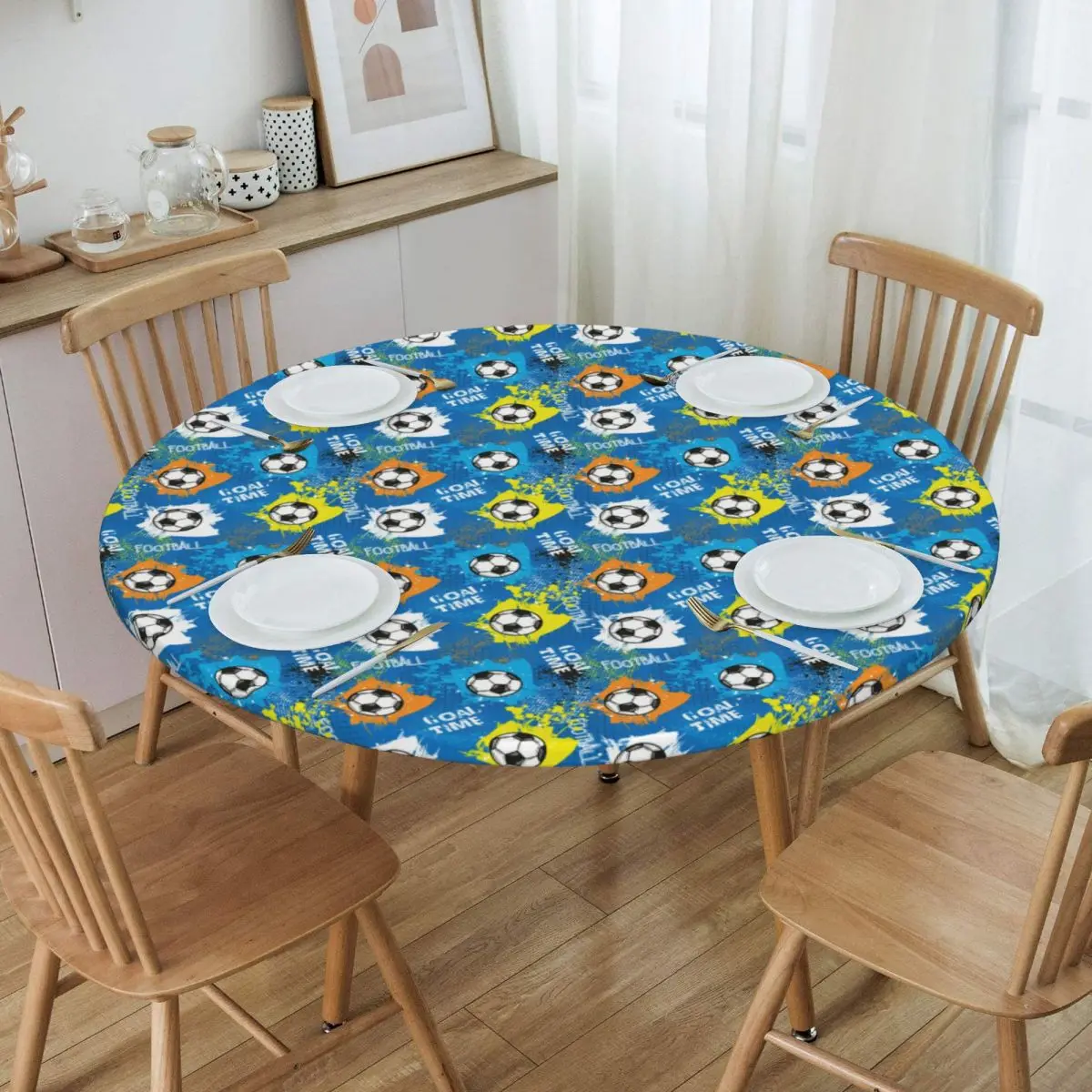 Football Graffiti Pattern Waterproof Round Tablecloth Oilproof Table Cloth for Kitchen Events Dining Table Cover