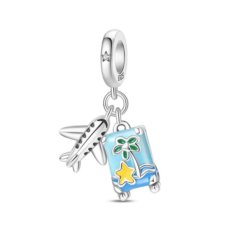 Original 925 Sterling Silver Travel Two-Piece Charms Beads Dangle For Women Girls Fine Birthday Anniversary Jewelry Gifts