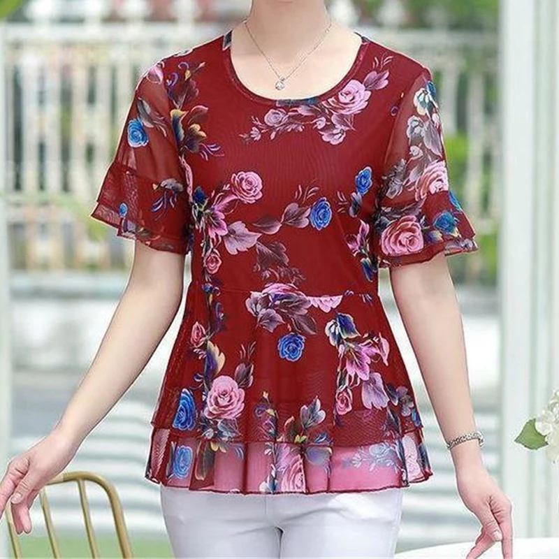 Women Clothes Double Layer Ruffle Floral Print Elegant Blouses Summer Fashion O Neck Short Sleeve Shirts Ladies Slim Tops Blusa