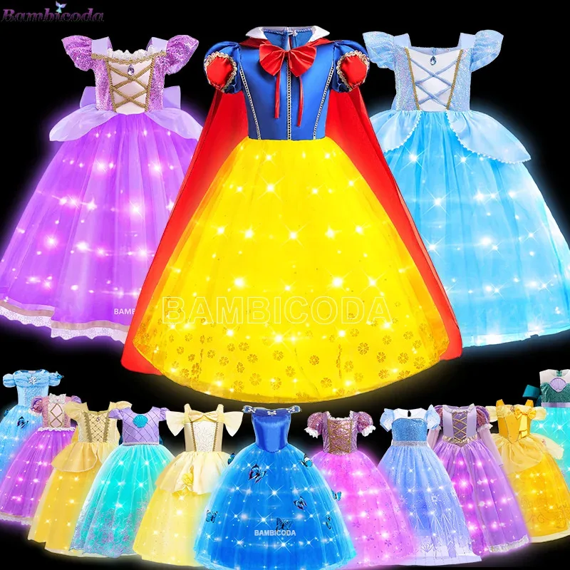 

Нарядный костюм для девочек 2025 года, платье принцессы Эльзы с подсветкой, бальное платье Belle Roszpunka, детская светодиодная подсветка, одежда на Хэллоуин, Рождество, Новый год