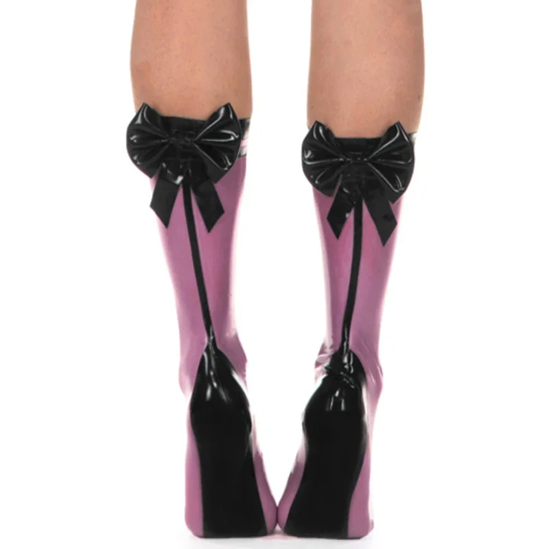 Black And Transparent Purple Sexy Latex Rubber Socks With Bows Trims At Back Knee Length