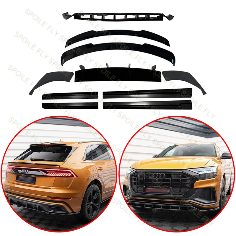 High Quality Body Kits Spoiler Bumper Lip Side skirts Set Glossy Black For Audi Q8 S-Line SQ8 MK1 2019 2020 2021 2022 2023
