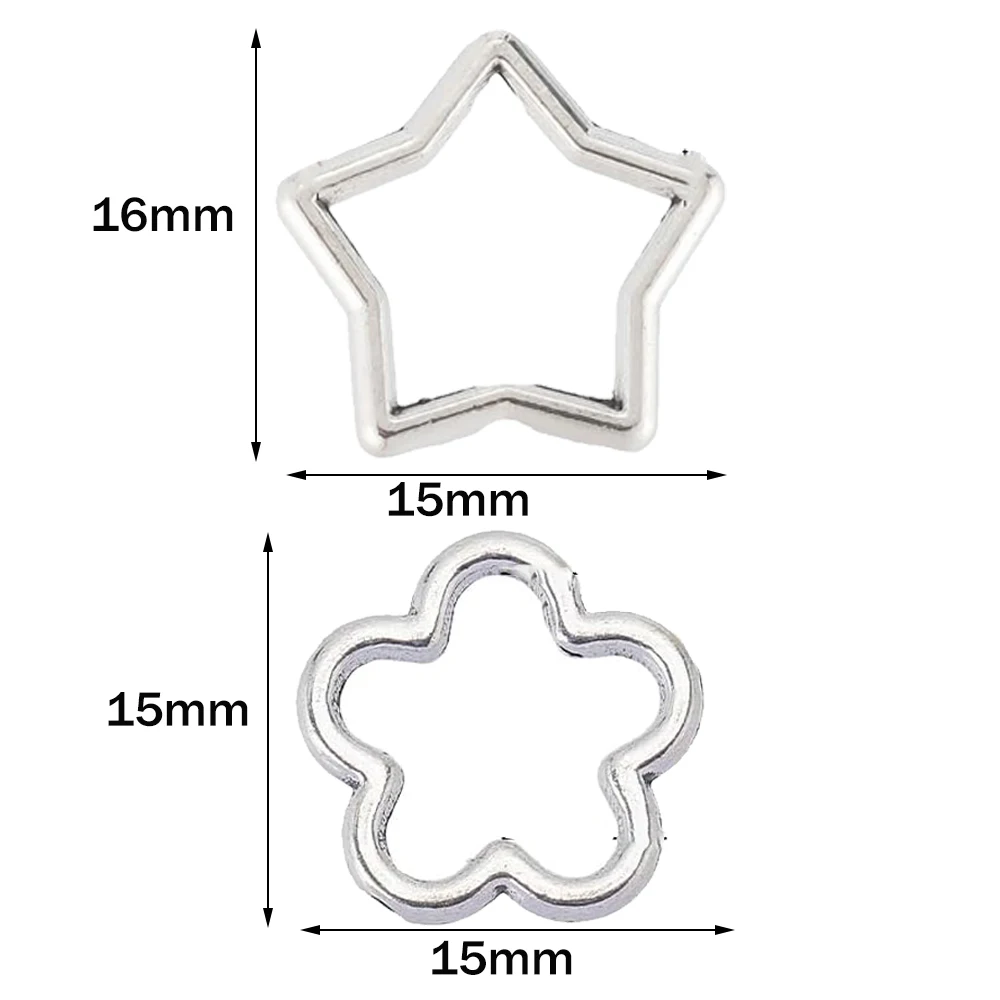 50pcs Antique Silver Flower Star Frames Spacer Beads Double Hole Connector Ring for DIY Beading Earring Bracelet Necklace Making