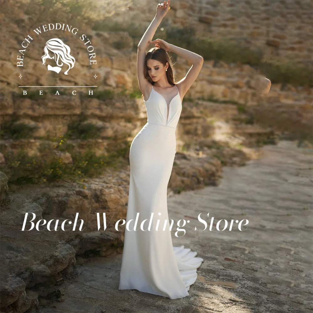 Suknia Ślubna Syrena Elegancka Satynowa Plażowa Dekolt V Bez Rękawów Bez Pleców Prosta Nowoczesna Suknia Ślubna 2025 Vestido De Novia Szyta na Miarę