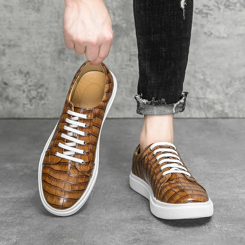 

Men's Crocodile Embossed Leather Sneakers Premium Brown Lace-Up Casual Shoes for Daily Urban Wear Zapatillas Hombre