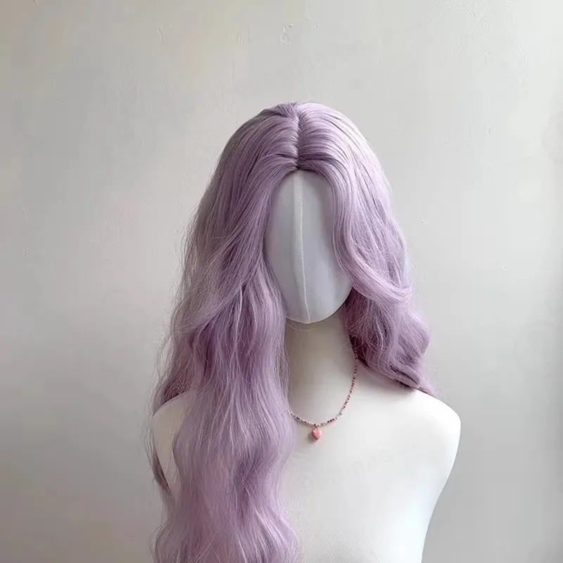 Purple High Quality Long Roll Synthetic Wig Mid-split Bangs Large Wave Curly Hair Long Women's Wig