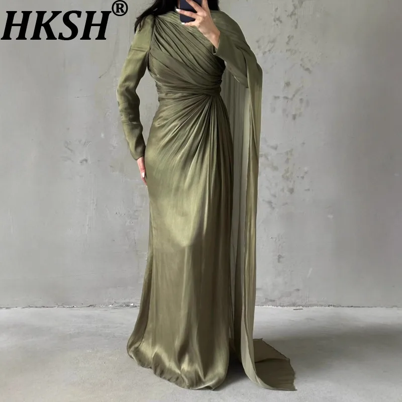 

Элегантное женское платье HKSH с асимметричными плиссированными длинными рукавами, приталенное, роскошное, высококачественное, новая весенняя коллекция HK19877