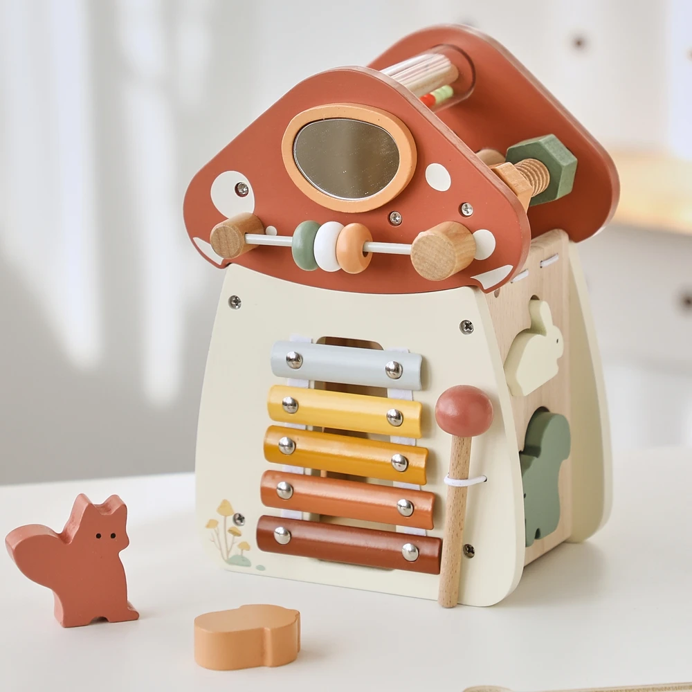 مكعبات خشبية للأطفال، مكعبات بناء خشبية تعليمية، ألعاب ألغاز مزيج الفطر خمسة في طاولة واحدة، ألعاب مشغولة متعددة الوظائف