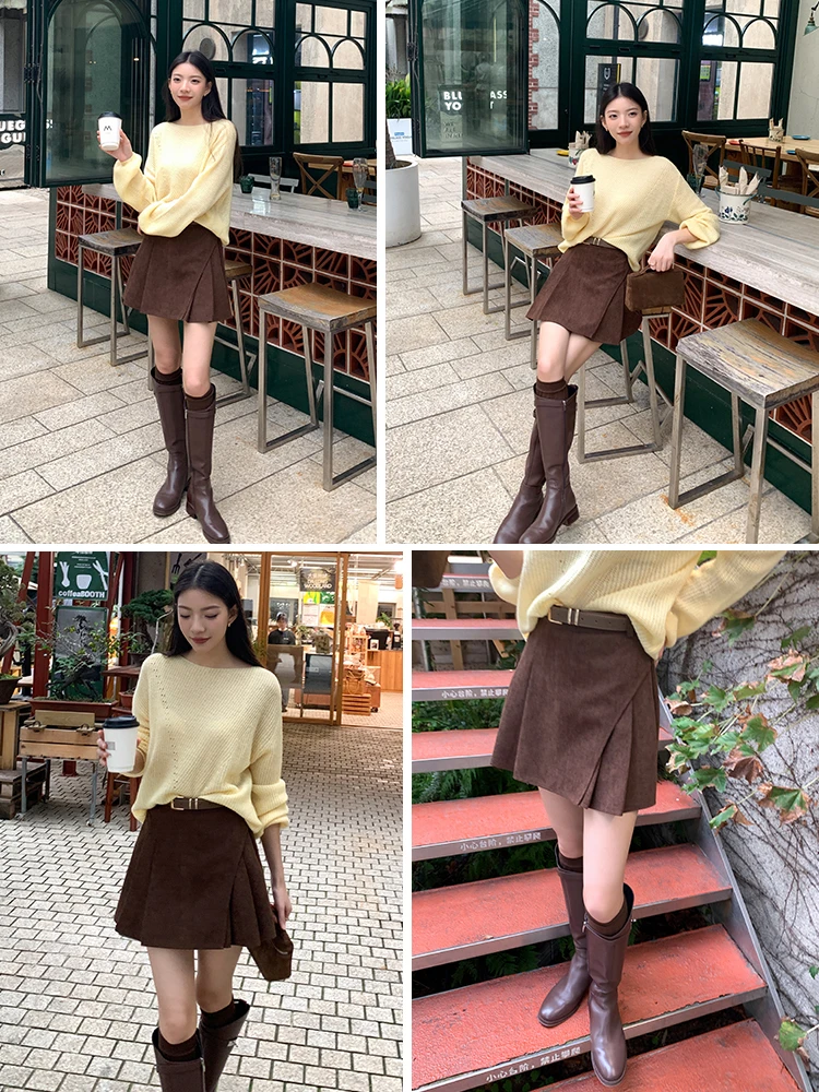 Jupe trapèze en velours côtelé marron caramel pour femme, vintage, taille haute, fermeture éclair, jupe amicale pour les déplacements par Dplay