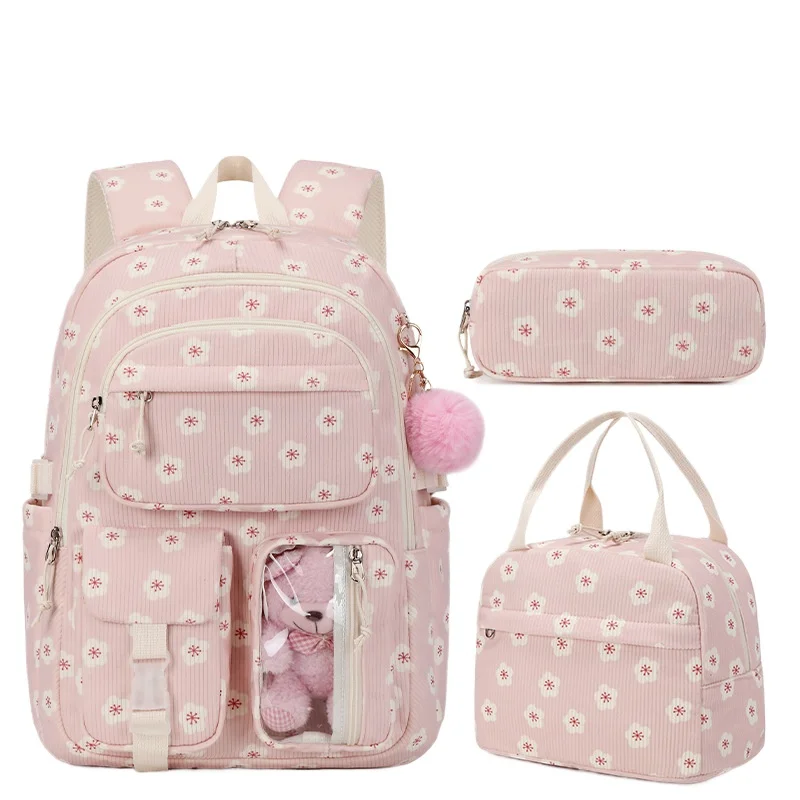 3-set-corduroy-backpacks-strawberry-multi-function-schoolbag-casual-travel-large-capacity-daily-lightweight-students-school-bag