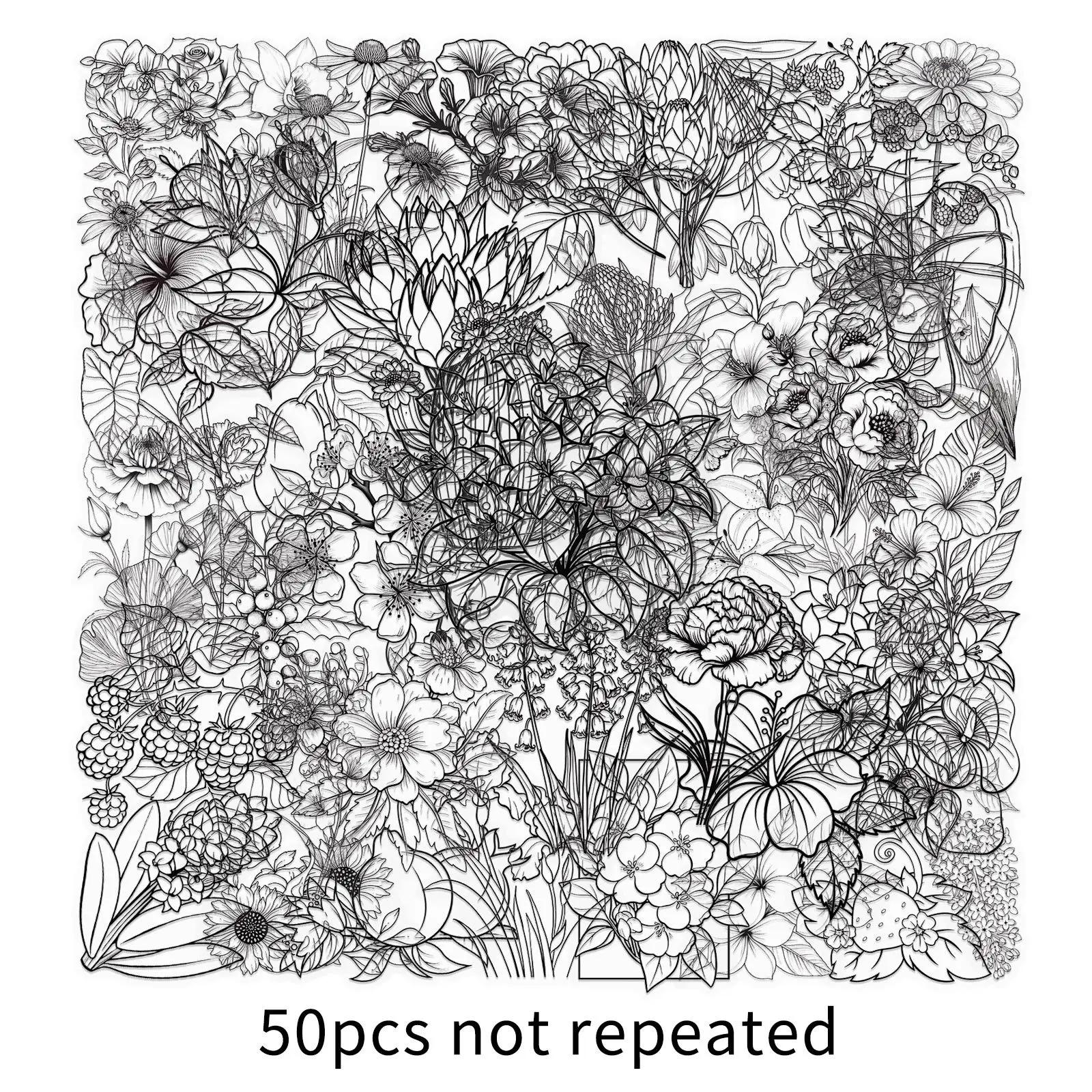 50 Uds. De flores de plantas de estilo blanco y negro, Material PET, taza de agua decorativa, monopatín, refrigerador, pegatinas impermeables, juguete para niños