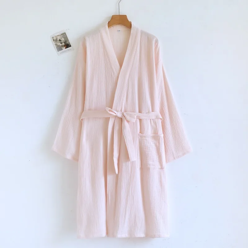 2025 New Spring and Autumn Couple Sleeping Robe 100% Cotton Crepe Bathrobe Large Solid Color Home Robe Robes for Women