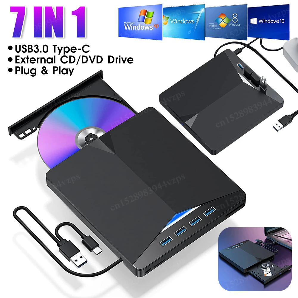 

7 в 1 USB3.0 внешний DVD CD-диск считыватель комбинированного привода для Windows 11/10/8/7/Linux/OS CD DVD-запись Plug-and-Play Slim