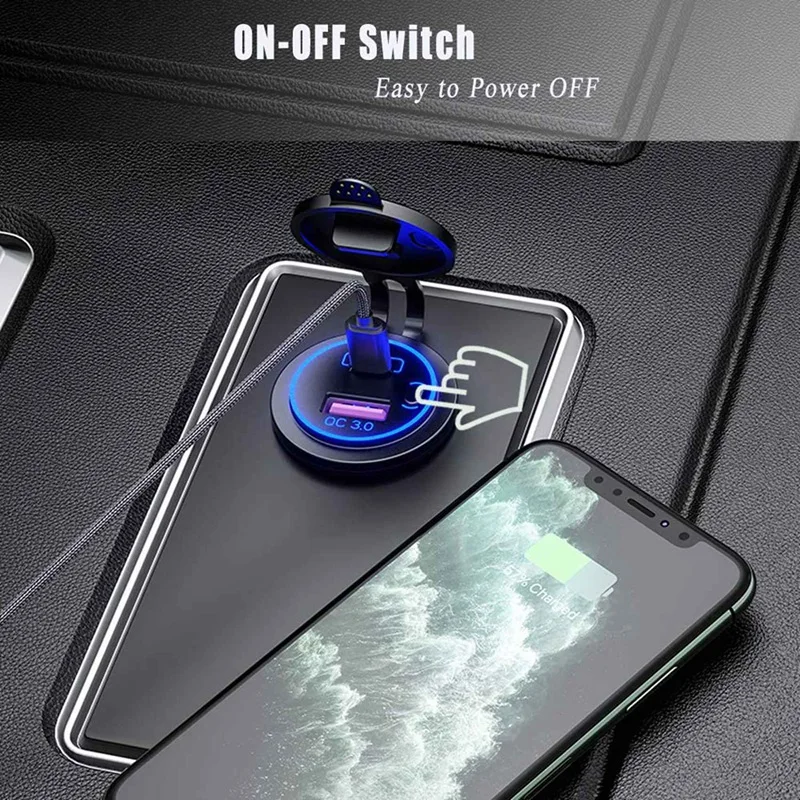 4X PD Type C USB Car Charger And QC 3.0 Quick Charger 12V Power Outlet Socket With ON/Off Switch Blue