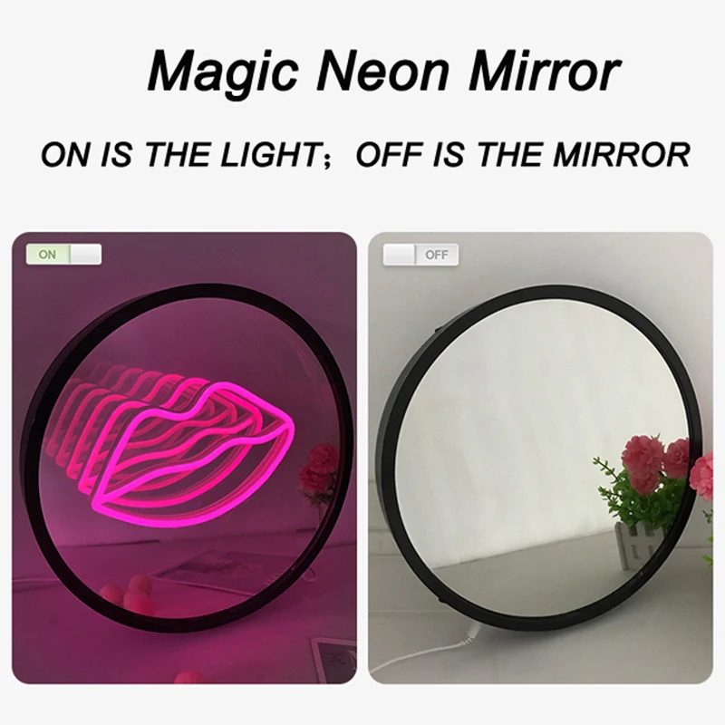 

3D Magic Infinite Mirror Multi-layer Lips Pink Light LED Neon Round Mirror Sign USB+Battery Case for Girls Room Decor Night Lamp