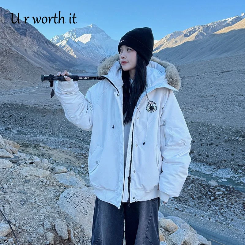 Women Winter Fur Collar Hooded Parka Outerwear Designer Y2k Harajuku Thicken Padded Jackets Warm Thick Female Streetwear Coats