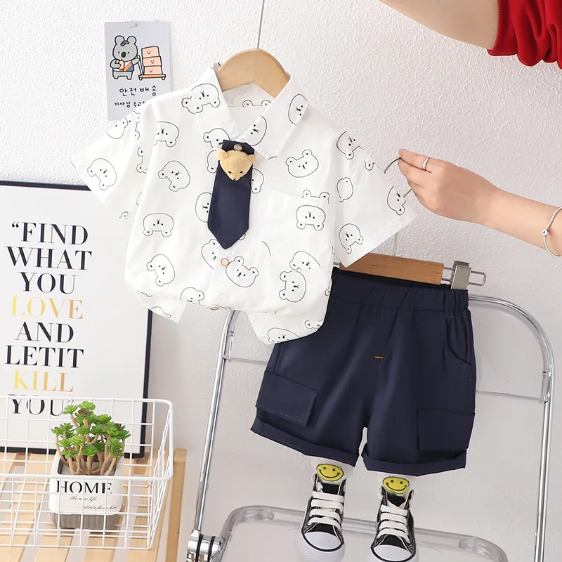 Toddler Outfits 2025 Summer Baby Boy Clothes 1 To 2 Years Korean Fashion Bear Head Tie Short Sleeve Shirts and Shorts Boys Suit