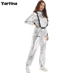 Disfraz de astronauta alienígena para mujer, traje de juego de rol de Robot espacial para hombre, mono general metálico brillante, mono con cremallera