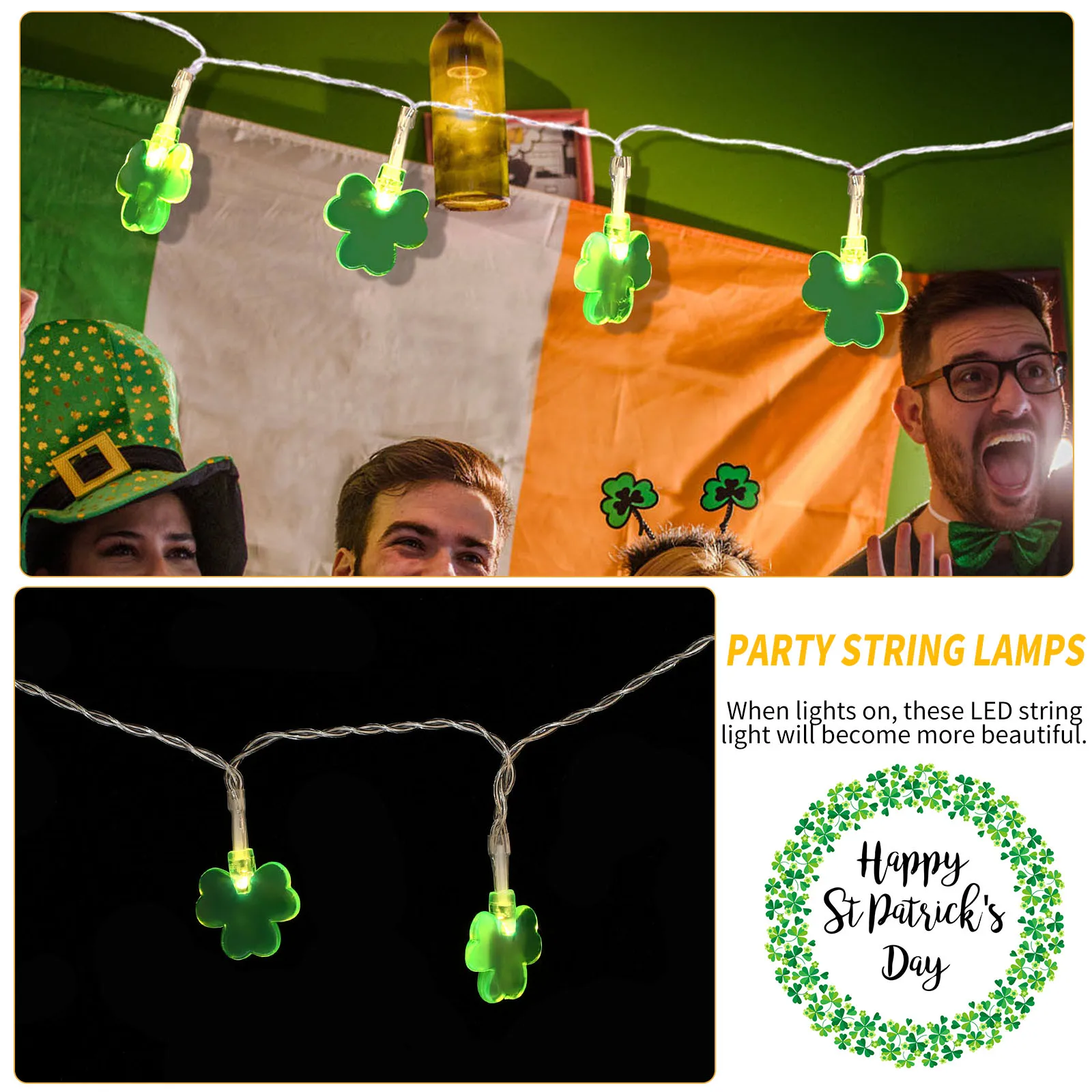 1세트 LED 스트링 라이트 클로버 모양 따뜻한 빛 축제 장식 실내외 파티 성 패트릭의 날 장식