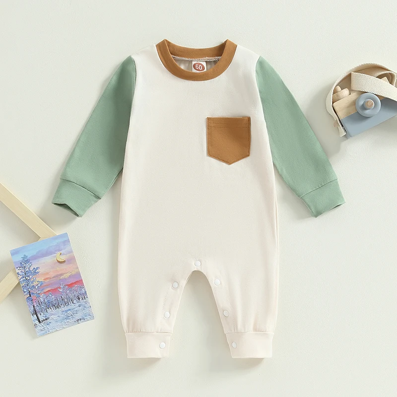 Newborn Infant Baby Boy Long Sleeve Round Neck Contrast Color Pocket Romper Pajamas Jumpsuit Fall Winter Clothes Outfit