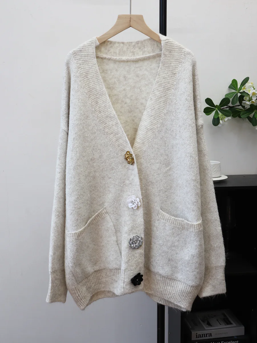 Mulheres de malha cardigan suéteres comprimento médio jumpers 3d floral lantejoulas bolso decote em v mangas compridas solto casual 2025 outono inverno