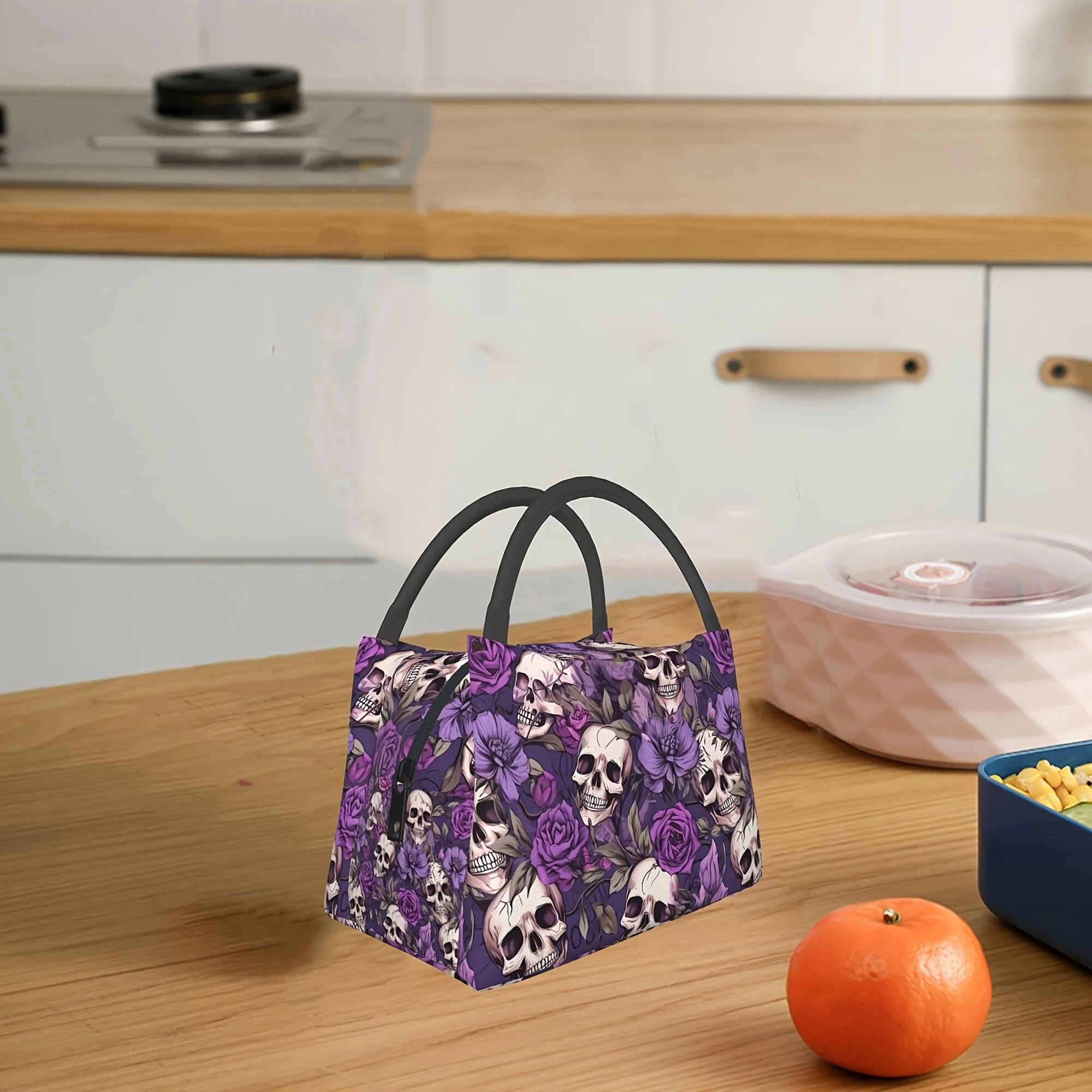 Unisex Insulated Lunch Bag Reusable Large Lunch Tote with Thermal Zipper Closure Violet Skull Pattern Portable Lunch Box Cooler