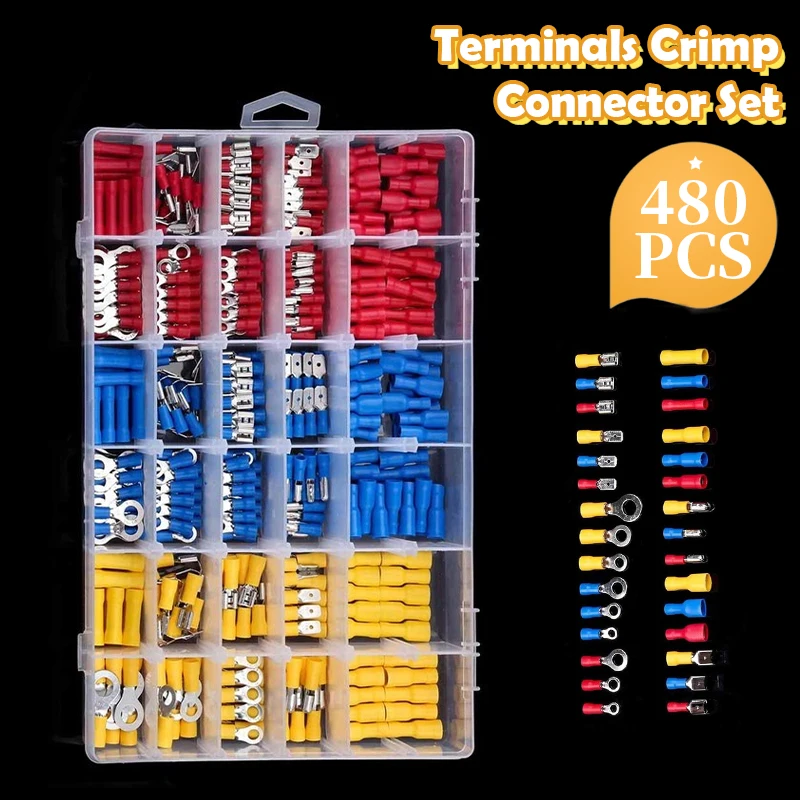 

480/330/280/140pcs Female Male Insulated Spade Fork Crimp Terminal Butt Electrical Wire Cable Cold-Pressure Cable Connectors Set